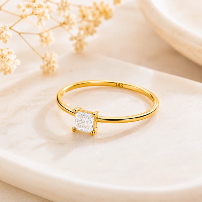 14K Solid Gold Princess Cut Solitaire Ring