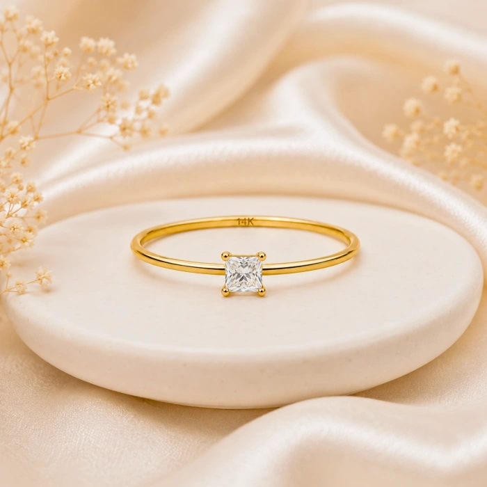 14K Solid Gold Princess Cut Solitaire Ring