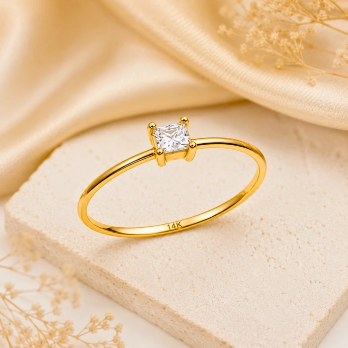 14K Solid Gold Princess Cut Solitaire Ring