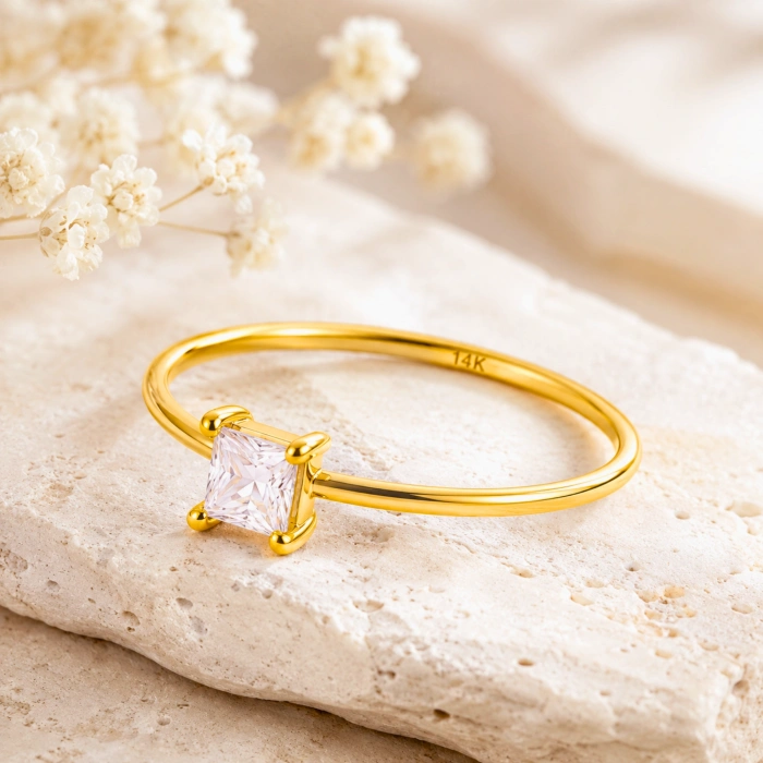14K Solid Gold Princess Cut Solitaire Ring