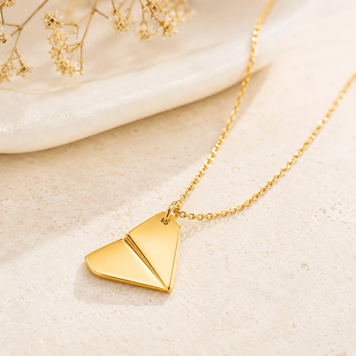 14 Ayar Altın Kağıt Uçak Tasarımlı Kolye, Origami Kolye