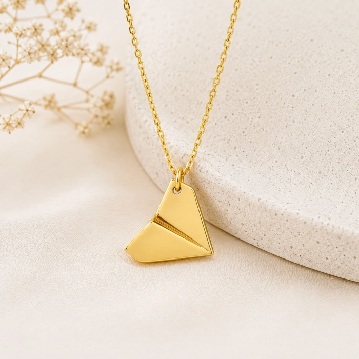 14 Ayar Altın Kağıt Uçak Tasarımlı Kolye, Origami Kolye