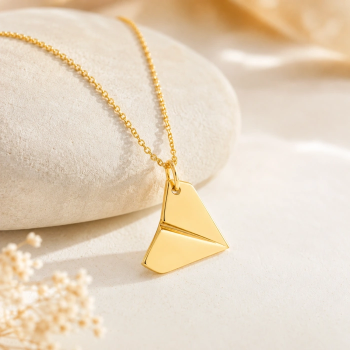 14 Ayar Altın Kağıt Uçak Tasarımlı Kolye, Origami Kolye