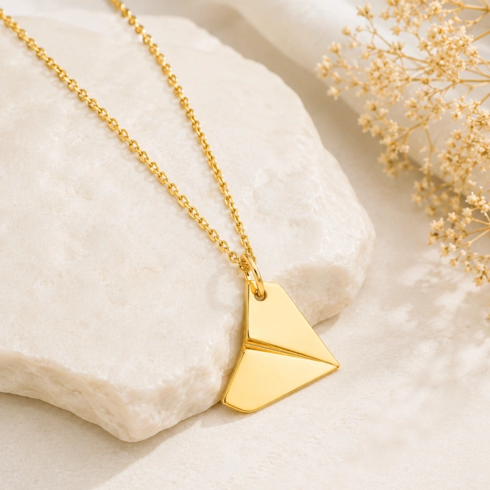 14 Ayar Altın Kağıt Uçak Tasarımlı Kolye, Origami Kolye