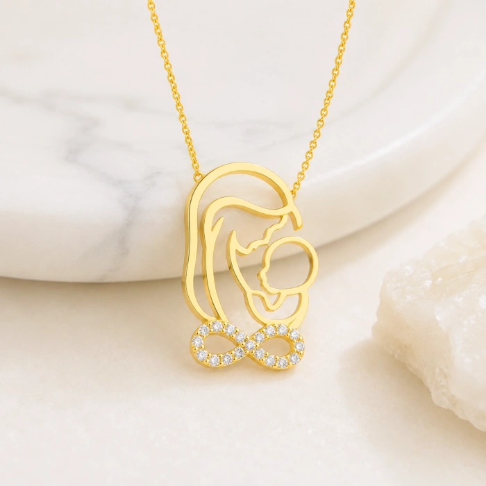 14K Solid Gold Mother and Baby Infinity Necklace