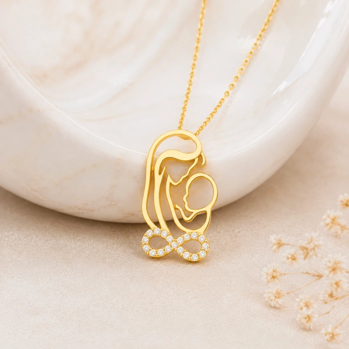 14K Solid Gold Mother and Baby Infinity Necklace