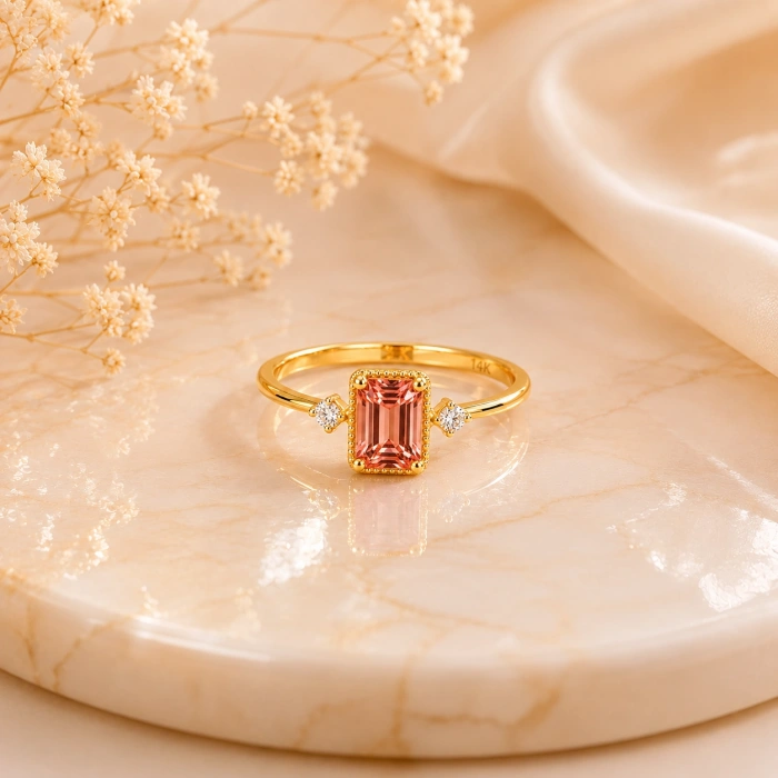 0.90 Karat Pembe Turmalin Pırlanta Yüzük, Zümrüt Kesim Altın Yüzük