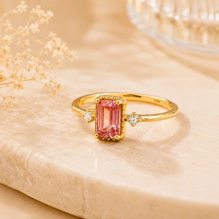 0.90 Karat Pembe Turmalin Pırlanta Yüzük, Zümrüt Kesim Altın Yüzük