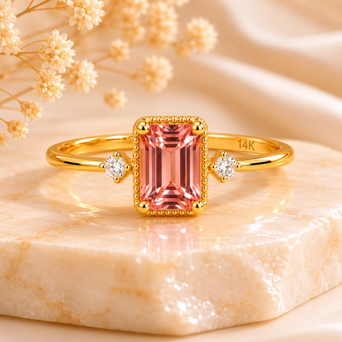 0.90 Karat Pembe Turmalin Pırlanta Yüzük, Zümrüt Kesim Altın Yüzük
