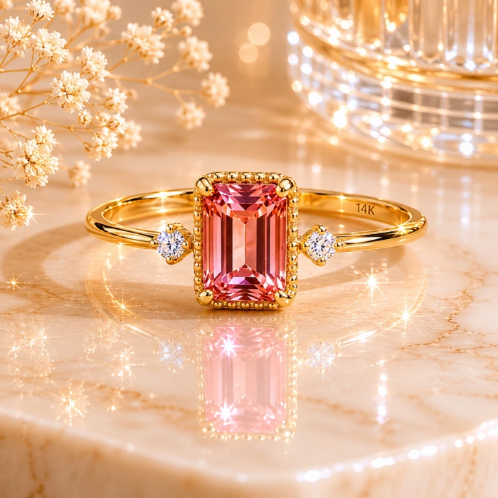 0.90 Karat Pembe Turmalin Pırlanta Yüzük, Zümrüt Kesim Altın Yüzük