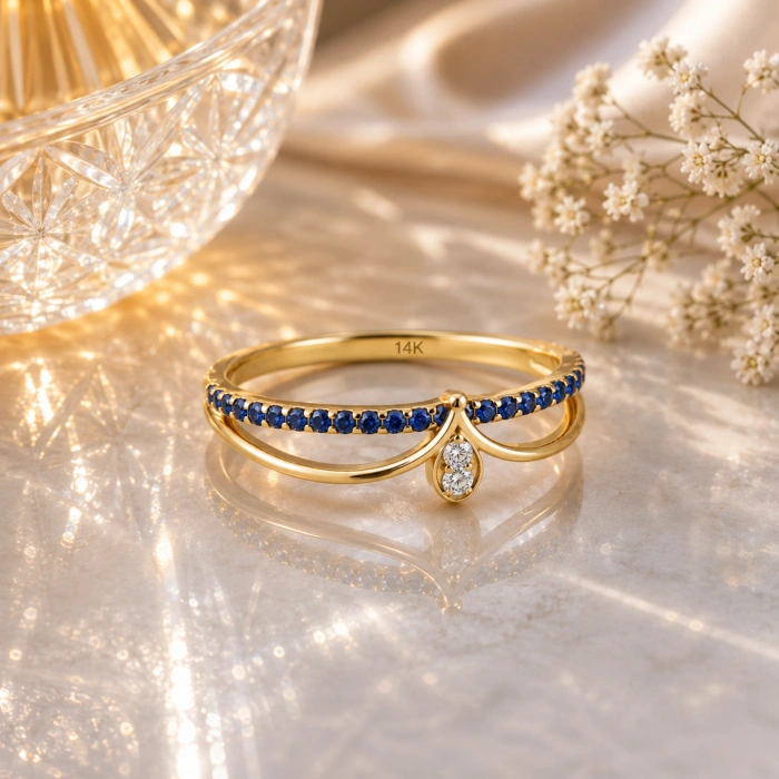 0.27 Karat Kraliçe Tacı Mavi Safir Pırlanta Yüzük