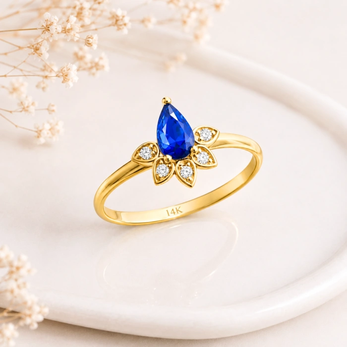 0.57 Karat Pırlanta Mavi Safir Damla Yüzük