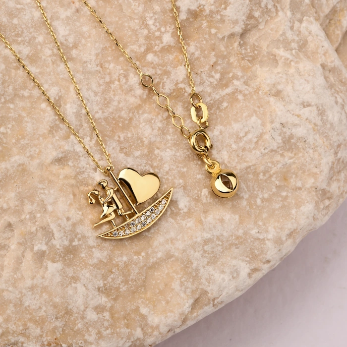 14K Gold Sailing Heart Necklace, Elegant Heart Necklace, Love Ship Necklace for Couples