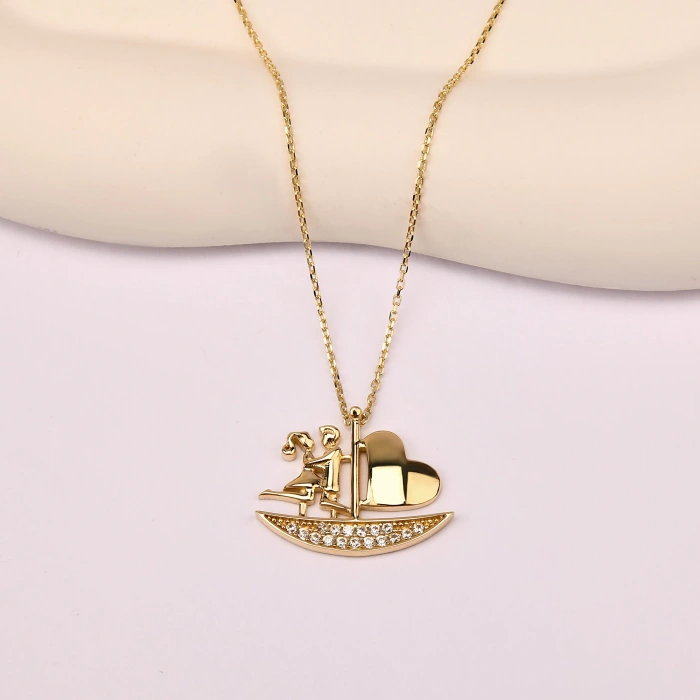 14K Gold Sailing Heart Necklace, Elegant Heart Necklace, Love Ship Necklace for Couples