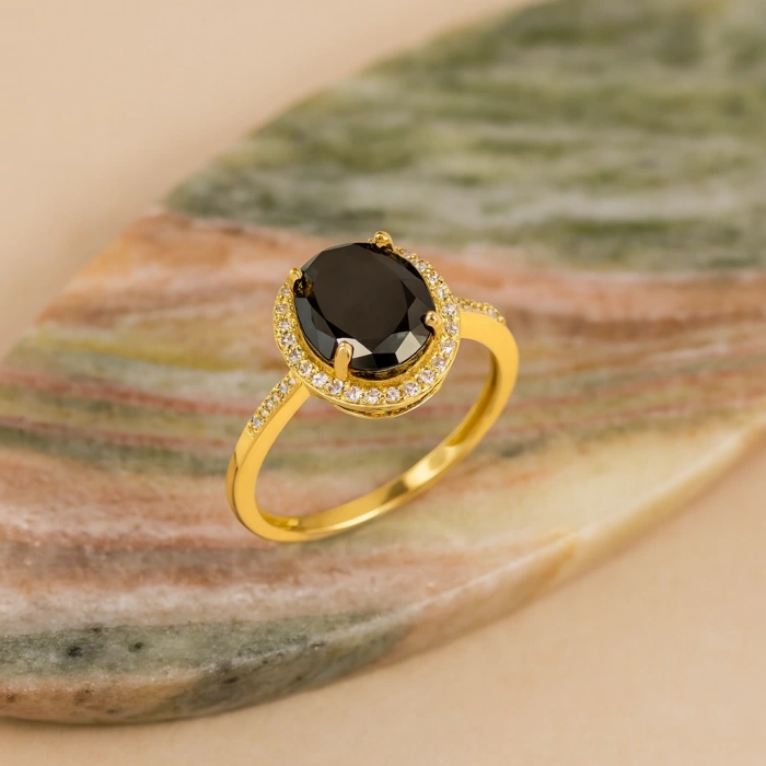 Black Onyx Solitaire Gold Ring, Natural Onyx Gold Jewelry, 14K Gold Engagement Ring, Birthstone Band