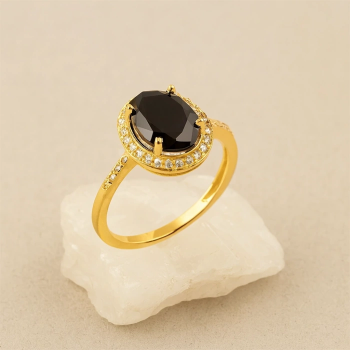 Black Onyx Solitaire Gold Ring, Natural Onyx Gold Jewelry, 14K Gold Engagement Ring, Birthstone Band