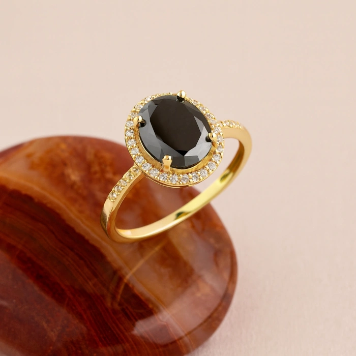 Black Onyx Solitaire Gold Ring, Natural Onyx Gold Jewelry, 14K Gold Engagement Ring, Birthstone Band