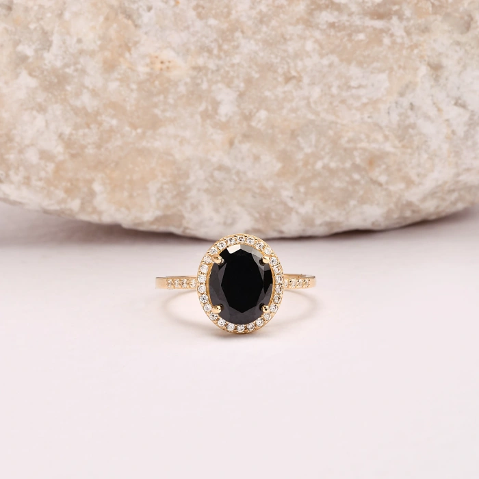 Black Onyx Solitaire Gold Ring, Natural Onyx Gold Jewelry, 14K Gold Engagement Ring, Birthstone Band