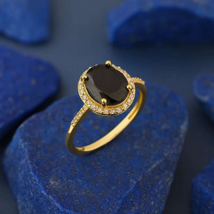 Black Onyx Solitaire Gold Ring, Natural Onyx Gold Jewelry, 14K Gold Engagement Ring, Birthstone Band