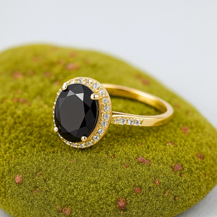 Black Onyx Solitaire Gold Ring, Natural Onyx Gold Jewelry, 14K Gold Engagement Ring, Birthstone Band