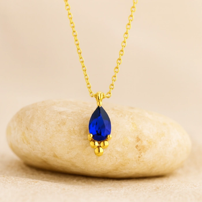 14K Gold Sapphire Tiny Necklace, Minimal Teardrop Necklace