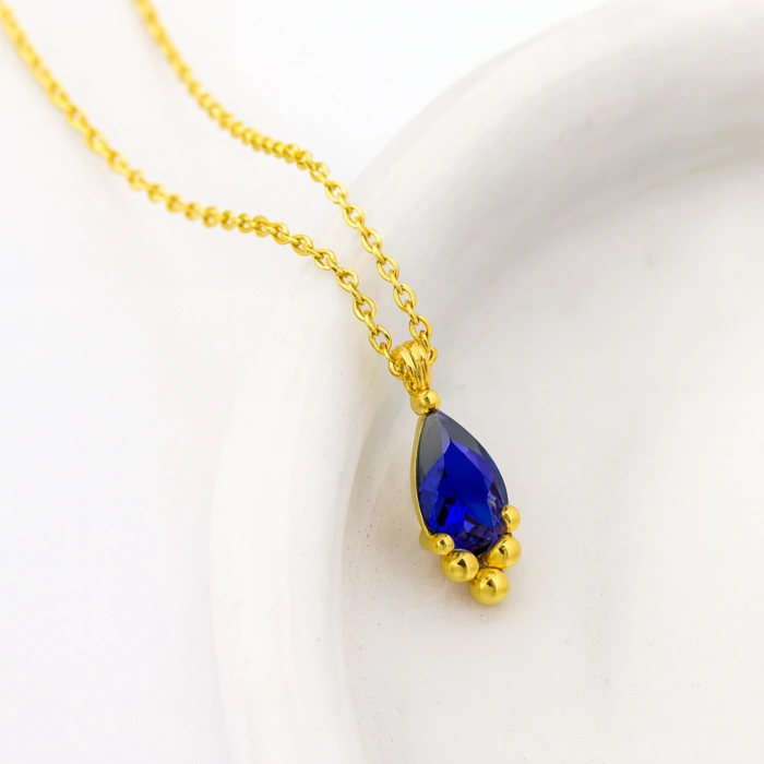 14K Gold Sapphire Tiny Necklace, Minimal Teardrop Necklace