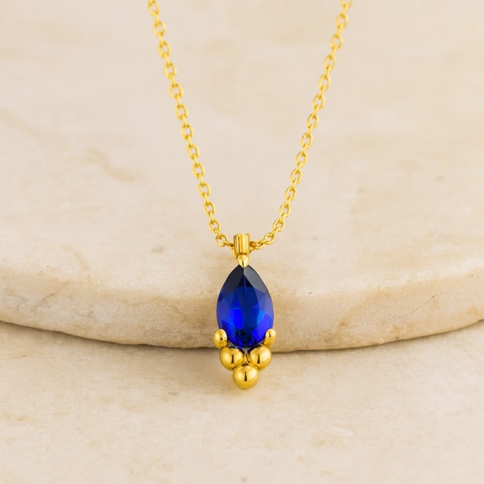 14K Gold Sapphire Tiny Necklace, Minimal Teardrop Necklace
