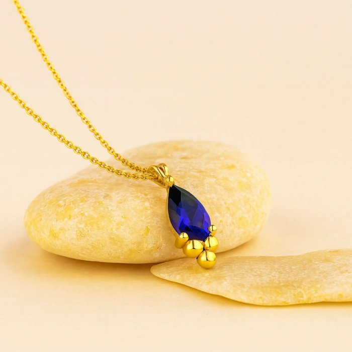 14K Gold Sapphire Tiny Necklace, Minimal Teardrop Necklace