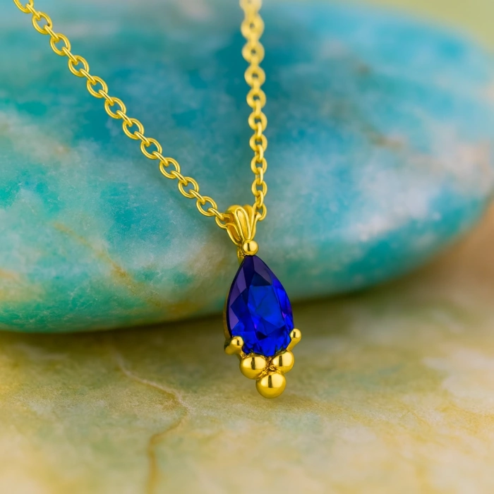 14K Gold Sapphire Tiny Necklace, Minimal Teardrop Necklace