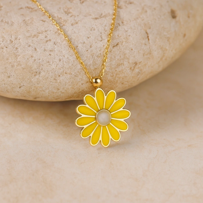 Yellow Daisy Gold Necklace, Elegant Everyday Jewelry, Enamel Flower Necklace