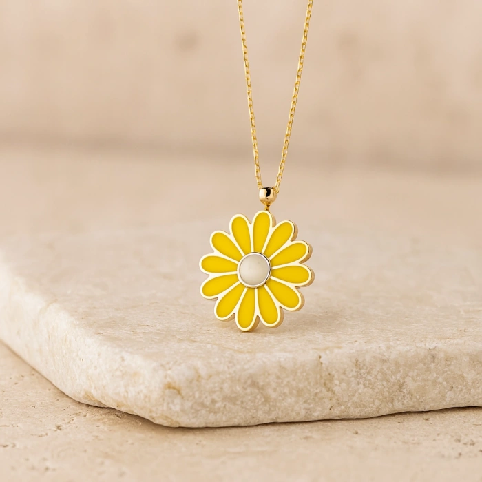 Yellow Daisy Gold Necklace, Elegant Everyday Jewelry, Enamel Flower Necklace