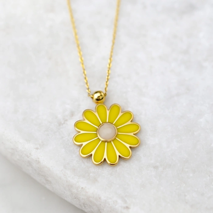 Yellow Daisy Gold Necklace, Elegant Everyday Jewelry, Enamel Flower Necklace