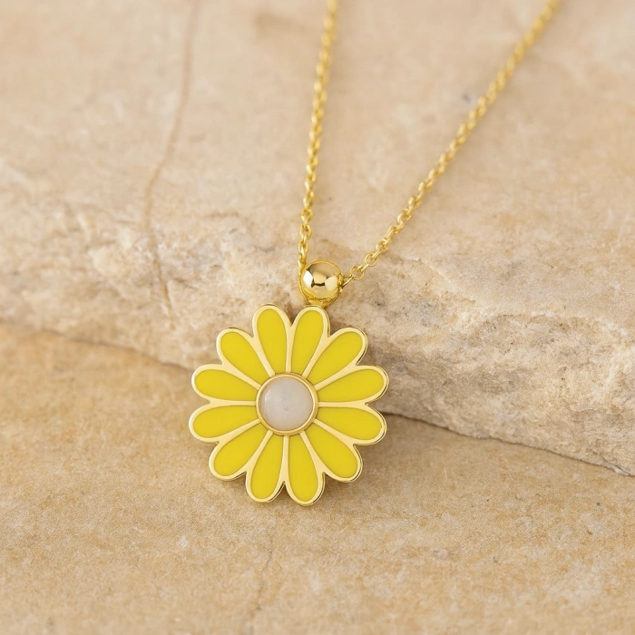 Yellow Daisy Gold Necklace, Elegant Everyday Jewelry, Enamel Flower Necklace