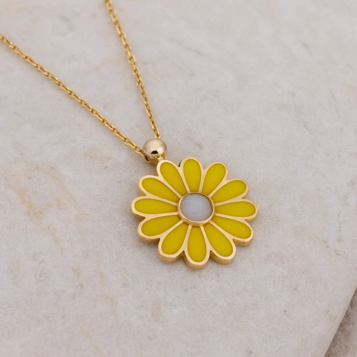 Yellow Daisy Gold Necklace, Elegant Everyday Jewelry, Enamel Flower Necklace