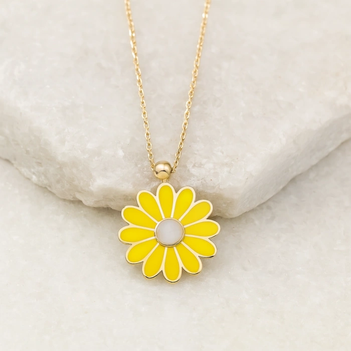 Yellow Daisy Gold Necklace, Elegant Everyday Jewelry, Enamel Flower Necklace