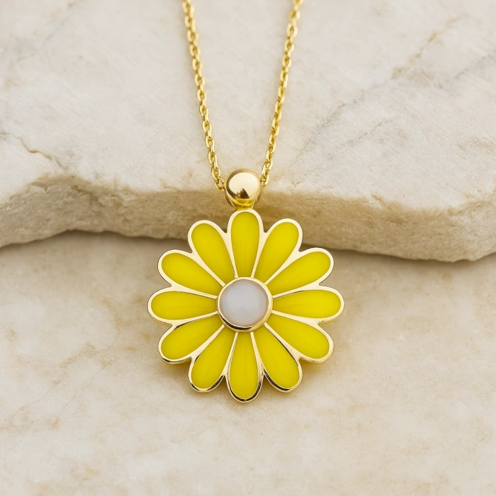 Yellow Daisy Gold Necklace, Elegant Everyday Jewelry, Enamel Flower Necklace