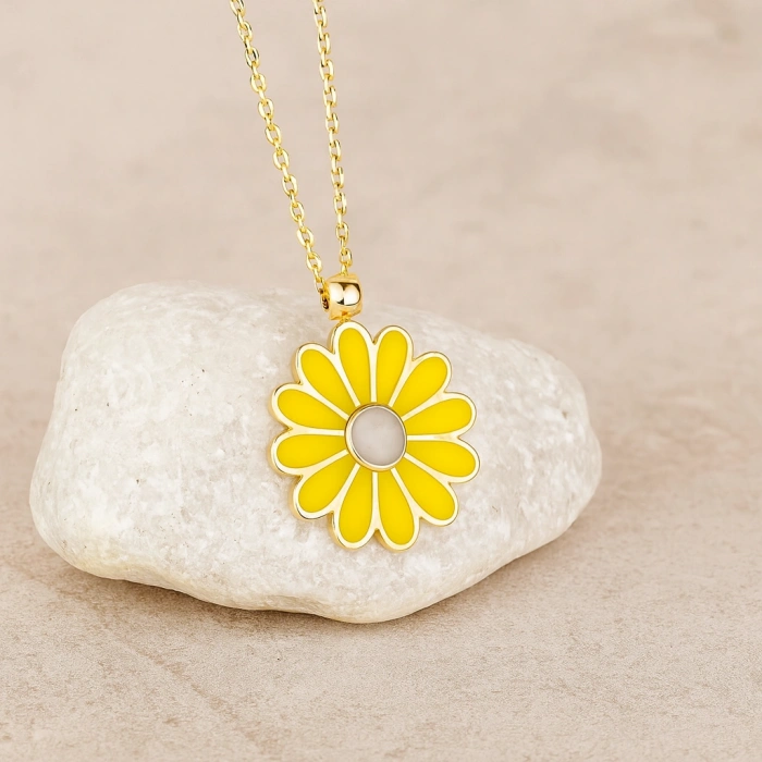 Yellow Daisy Gold Necklace, Elegant Everyday Jewelry, Enamel Flower Necklace