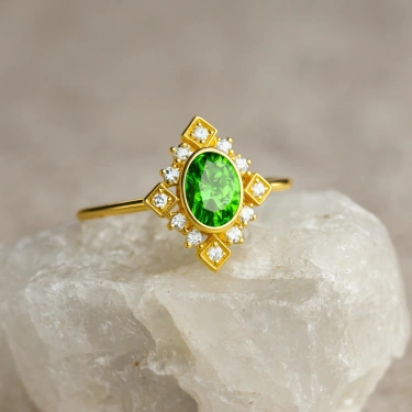 14 Ayar Altın Vintage Dizayn Zümrüt Yüzük