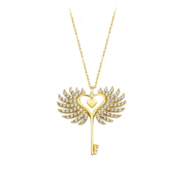 14 Ayar Altın Kanatlı Kalp Anahtar Kolye, Melek Kanadı Takı