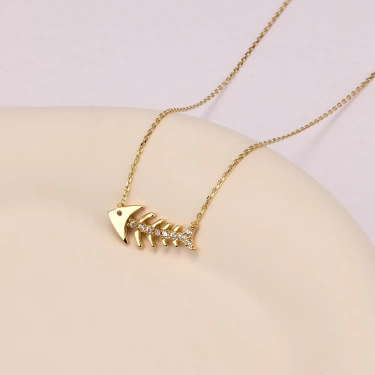 14 Ayar Altın Balık Kolye, Zarif Altın Kolye, Minimalist Kılçık Kolye