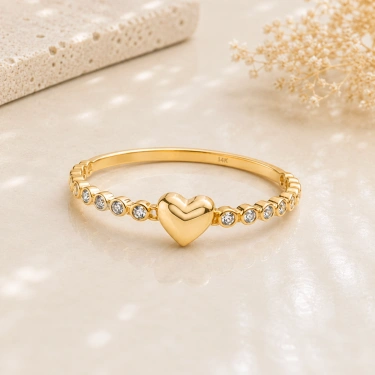 14K Solid Gold Bezel Heart Ring, Infinity Row Stone Ring