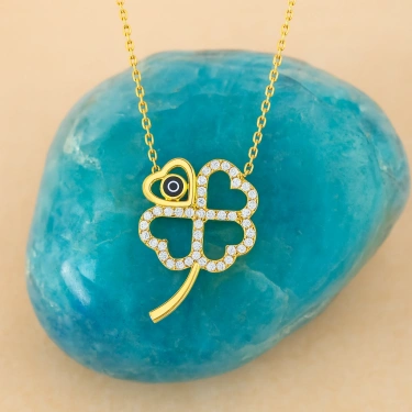 14 Ayar Altın Dört Yapraklı Yonca Kolye, Nazar Boncuklu Çiçek kolye