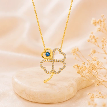 14K Solid Gold Four Leaf Clover Necklace