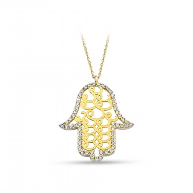 14 ayar Altın Fatıma Eli Kolye, Vav Desenli Hamsa Kolye, İslami Altın Takı