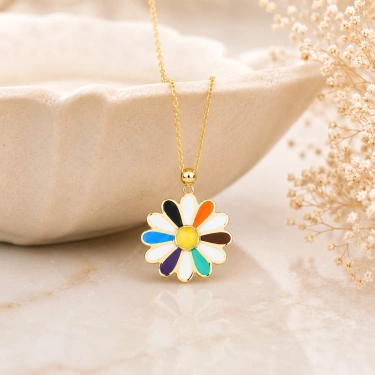 14K Solid Gold Colored Daisy Necklace – Rainbow Flower Necklace, Spring Jewelry