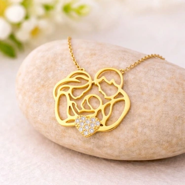 14 Ayar Altın Kalp Detaylı Aİle Kolye, Anne ve Bebek Kolye