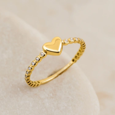 14 Ayar Altın Bezel Kalp Yüzük, Sonsuzluk Sıra Taşlı Yüzük