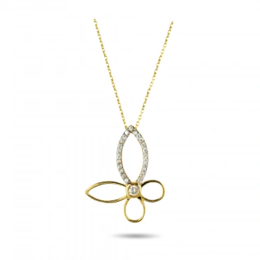 14 Ayar Altın Kelebek Kolye, Zarif Yonca Kolye, Minimalist Şans Kolyesi