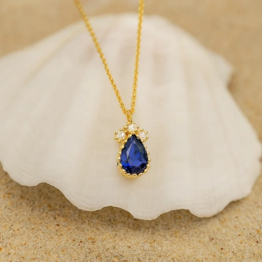 14 Ayar Altın Mavi Safir Damla Kolye