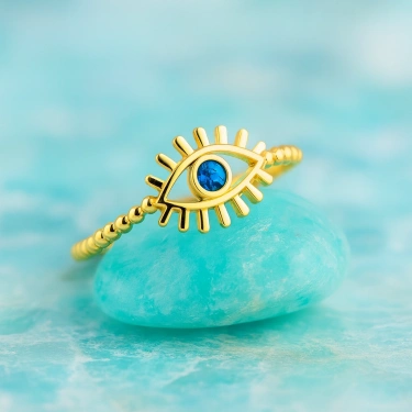 14 Ayar Altın Mavi Safir Kirpik Yüzük